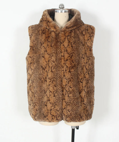 VigoCasey 2025 Autumn Winter Hooded Thick Vest Coat Woman Sleeveless Plush Warm Waistcoat Lady Print Warm Fluffy Vest Jacket