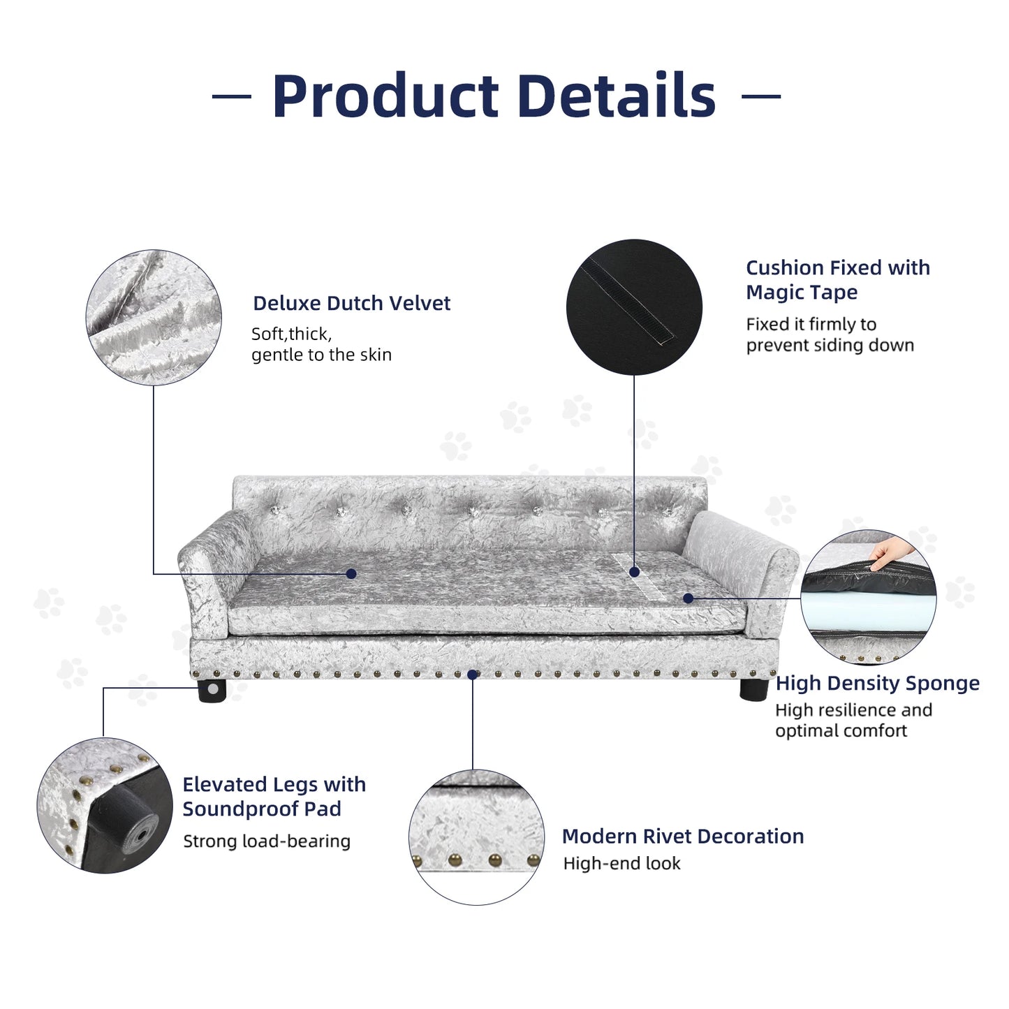 Luxury Velvet Tufted Dog Sofa Bed Large Elevated Pet Bed Upholstered Cushion Wooden Frame Raised Puppy Sofa Couch