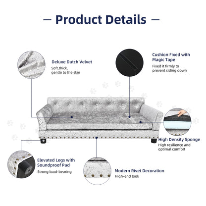 Luxury Velvet Tufted Dog Sofa Bed Large Elevated Pet Bed Upholstered Cushion Wooden Frame Raised Puppy Sofa Couch