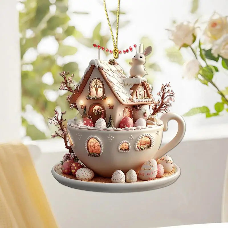 Easter Coffee Cup Ornaments Cartoon Bunny Egg House Coffee Mug Decorative 2D Acrylic Ornaments 2025 Spring Party Supplies