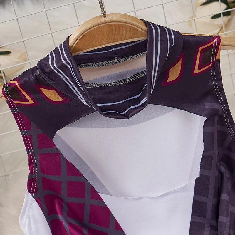 Purple geometric mock neck kawaii cartoon bodysuit costume for women on wooden hanger display
