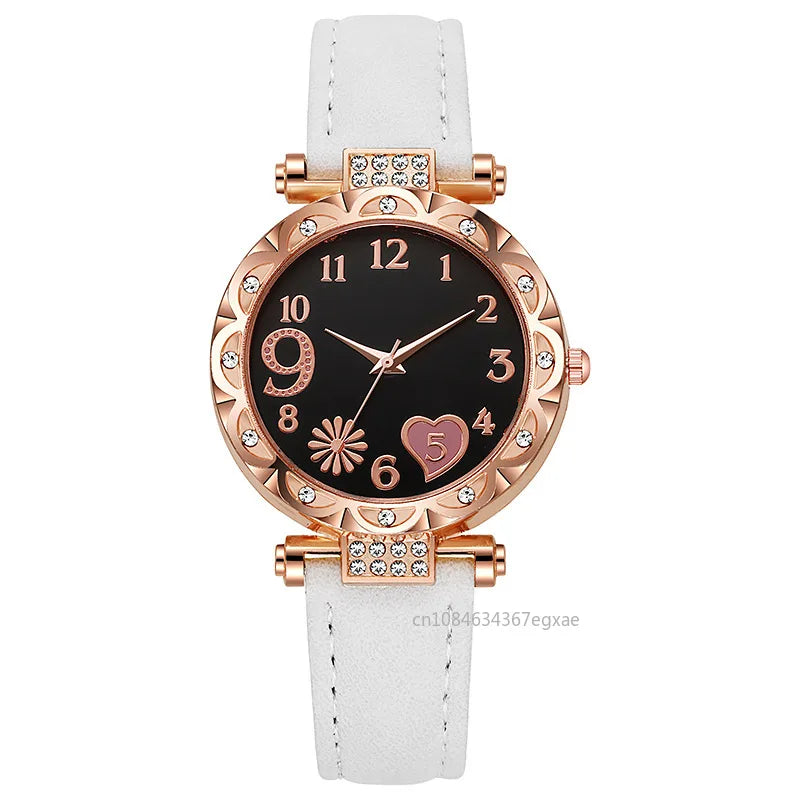 2/1PCS Fashion Heart Dial Women's Watches Luxury Leather Band Quartz Watch Rhinestone Bracelet Set Female Relogio Feminino