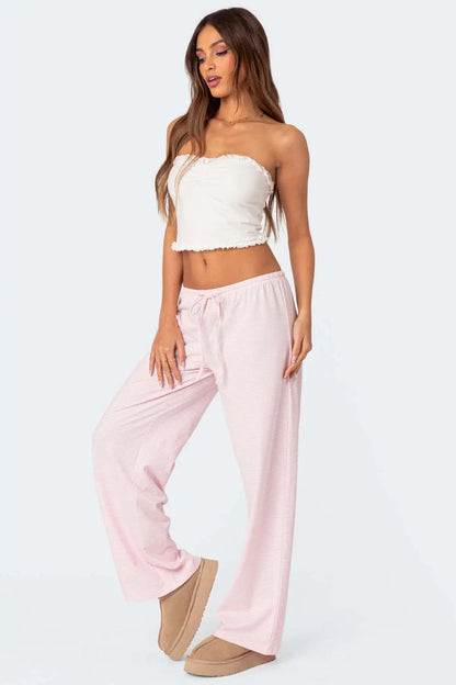EtherealBe milk silk casual pants for women in soft pink with a relaxed fit and drawstring waistband