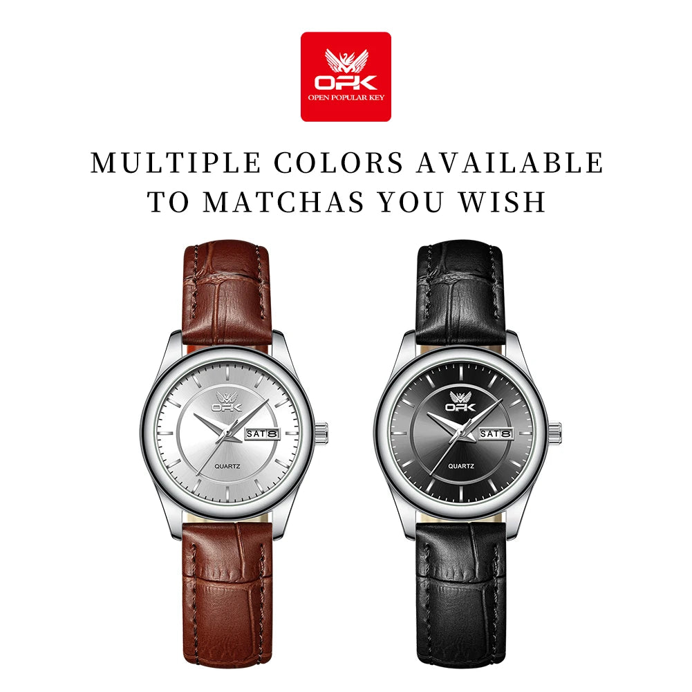 OPK 6022 Women's Watches Elegant Fashion Small Quartz Wristwatch for Ladies Waterproof  Leather Strap Dual Calendar Display
