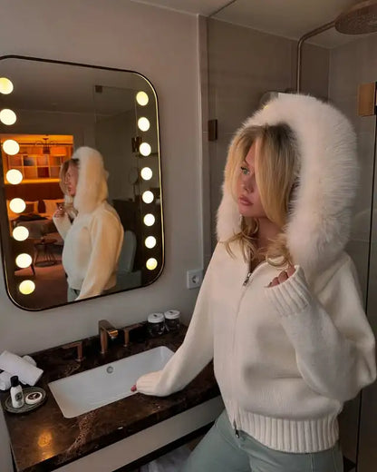 OFTBUY Real Fox Fur Kintwear Women 2025 New Spring Autumn Hooded Sweater Female Loose Zipper Kintted Jacket Oversized Cardigan