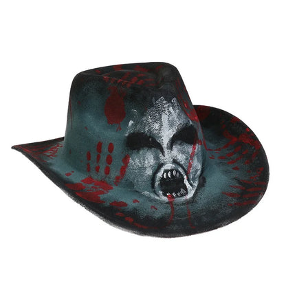 EtherealBe Halloween cowboy hat for adults featuring a scary face design with blood splatter decor