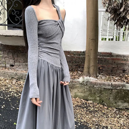 Autumn Skew Collar Halter Aura Dresses Solid Color Female Clothing Folds Stylish Irregular Basic Long Sleeve Spliced Long Dress