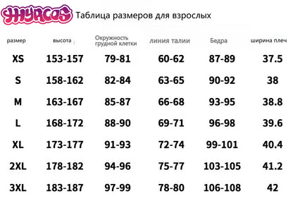 Size chart for adult Raven Teen Titans cosplay costume for women with height and measurement details