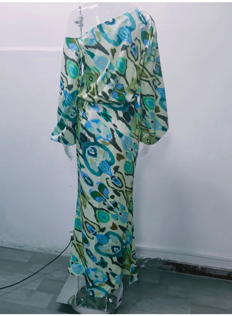 Autumn Casual Loose Print Two-piece Women Off Shoulder T-shirt Asymmetrical Long Sleeved Top And Half Body Fishtail Skirt Set