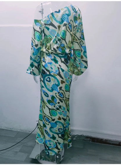 Autumn Casual Loose Print Two-piece Women Off Shoulder T-shirt Asymmetrical Long Sleeved Top And Half Body Fishtail Skirt Set