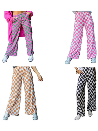 Womens Checkered Wide Leg Pants High Elastic Waisted Straight Loose Fitted LoungeTrouser Y2k Korean Streetwear