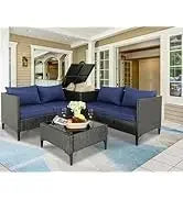 Qoutdoor PE wicker patio furniture rattan sectional loveseat couch set conversation sofa with storage box for balcony lawn a