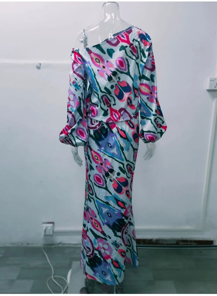 Autumn Casual Loose Print Two-piece Women Off Shoulder T-shirt Asymmetrical Long Sleeved Top And Half Body Fishtail Skirt Set