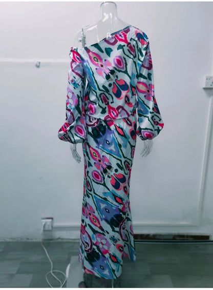 Autumn Casual Loose Print Two-piece Women Off Shoulder T-shirt Asymmetrical Long Sleeved Top And Half Body Fishtail Skirt Set