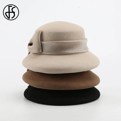 FS Fashion Warm Wool Felt Women's Fedoras Simple Chic Hats Bowknot Bucket Cap Ladies Top Hat Vintage Caps For Women