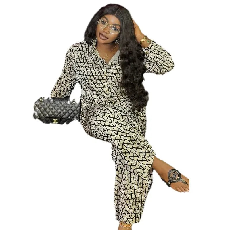 Autumn Fashion Set Woman 2 Piece Printing Long Sleeves Lapel Shirt High Waist Loose Wide Leg Pants 2025 Pant Sets Female Outfit