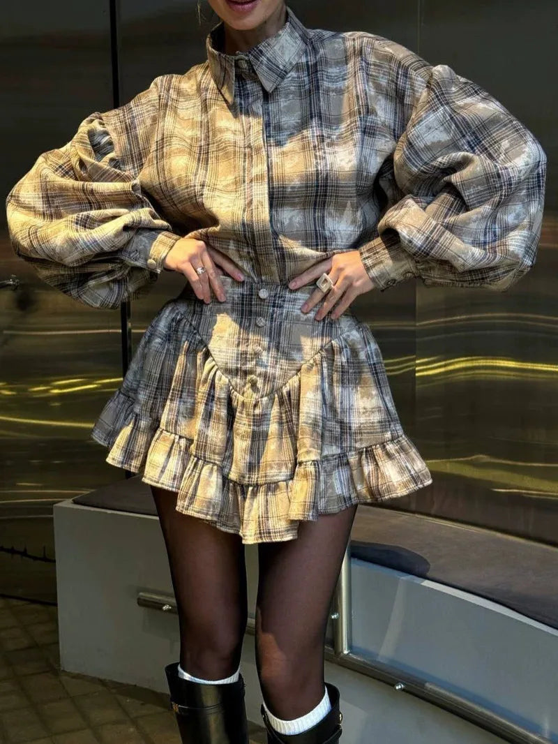 Plaid Print Shirt Ruffles Skirts Set Women Elegant Lapel Button Up Tops Loose Mini A-line Skirt Spring New Lady Chic Outfit LK9Q