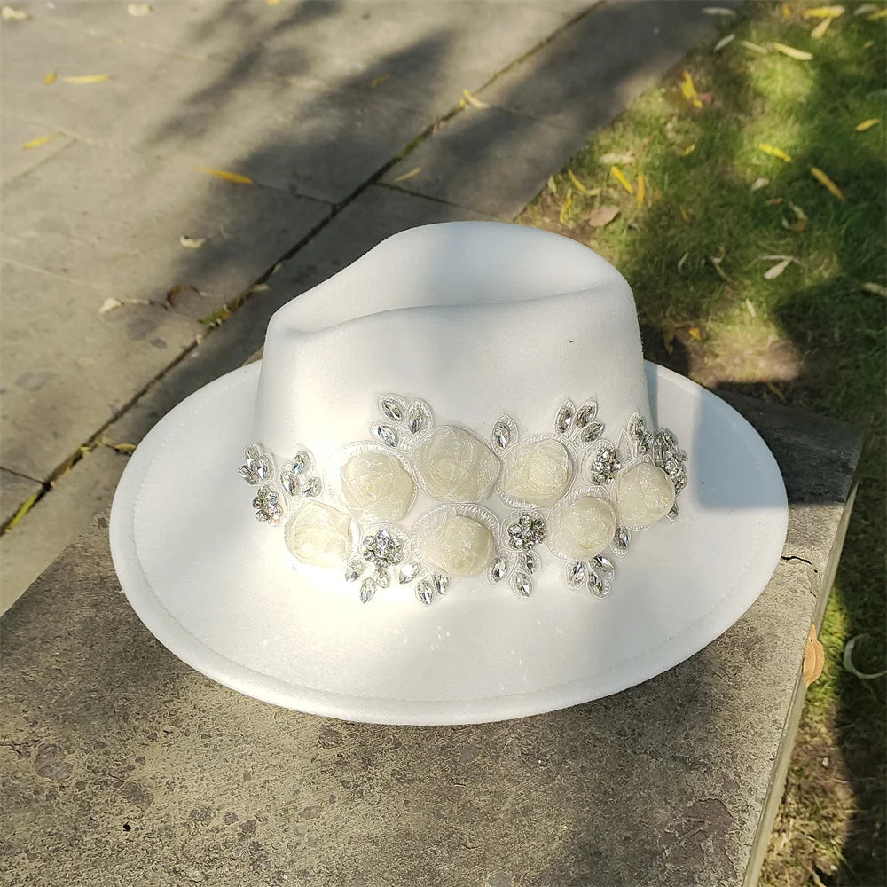 Embroidered three-dimensional flower fedora hat Women's jazz top hat Spring and autumn panama church fashion elegant wedding Hat