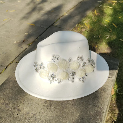 Embroidered three-dimensional flower fedora hat Women's jazz top hat Spring and autumn panama church fashion elegant wedding Hat