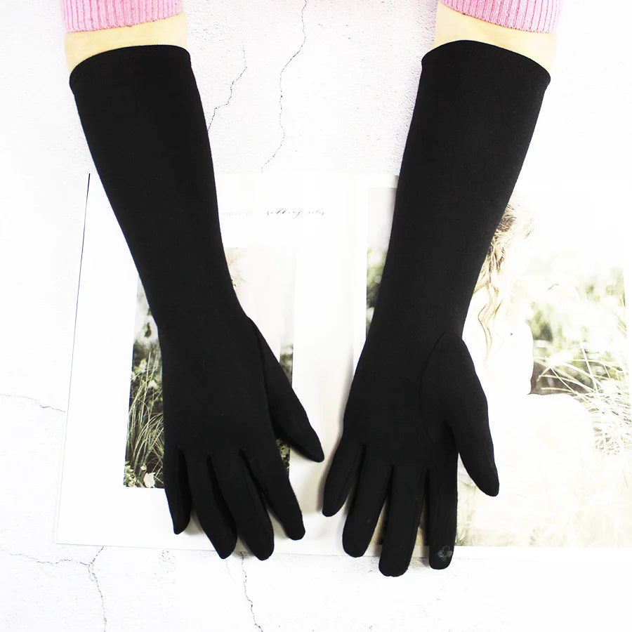 Cotton Long Gloves for Women's Stretch Autumn and Winter Warmth 38cm Windproof and Sun Resistant Knitted Sleeves