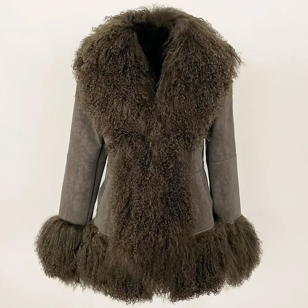 Autumn Winter Women Coat Real Natural Mongolia Sheep Fur Turn-down Collar New Fashion Jacket Thick Warm Casual Overwear