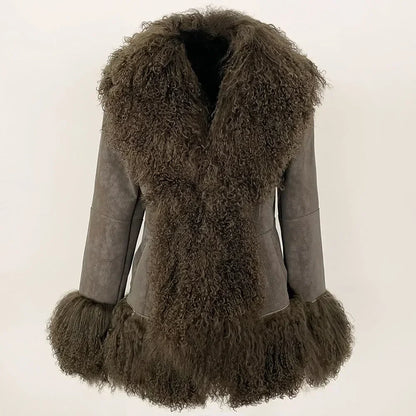 Autumn Winter Women Coat Real Natural Mongolia Sheep Fur Turn-down Collar New Fashion Jacket Thick Warm Casual Overwear