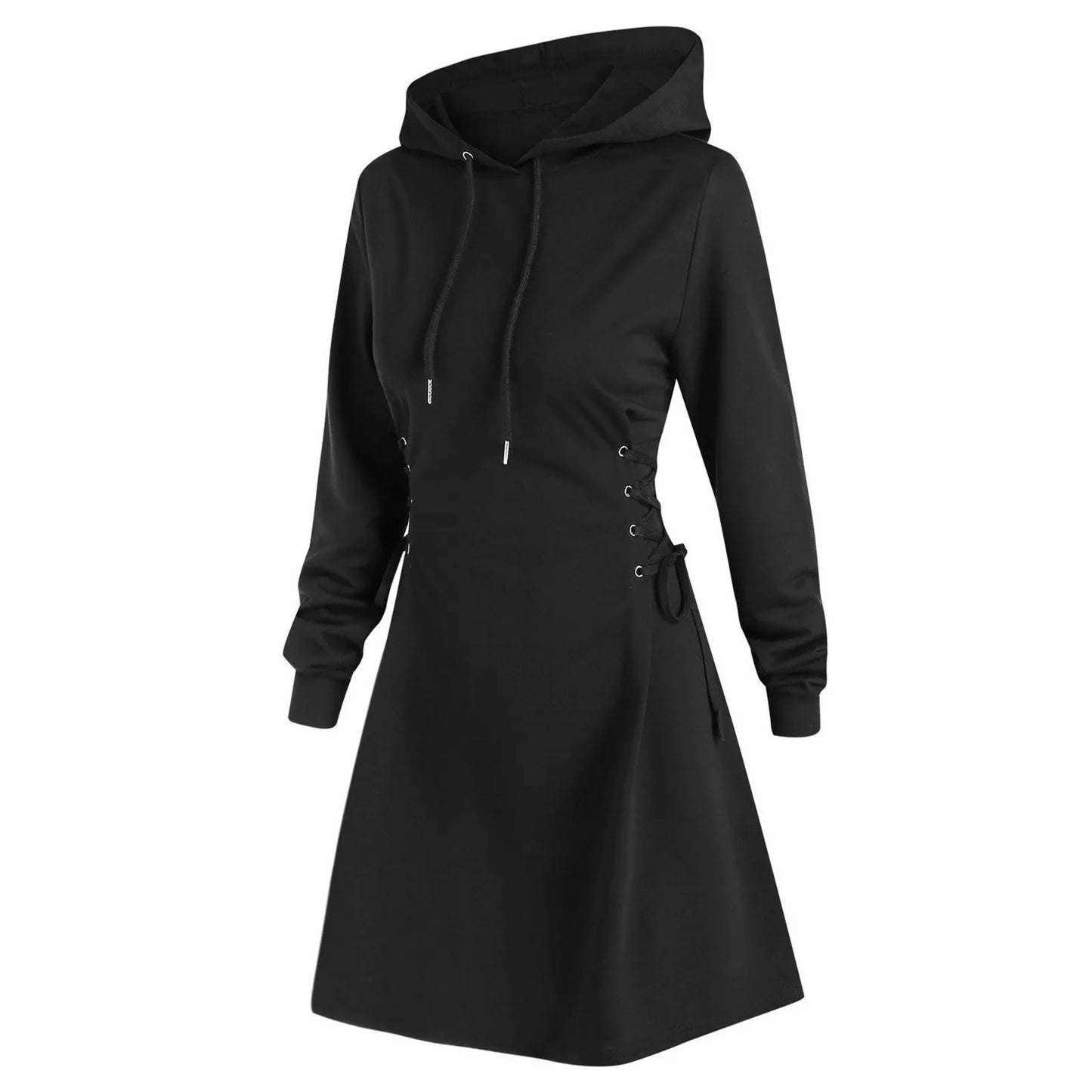 Autumn Women's Hooded Dress Casual Fashion Hoodie Dresses Long Sleeved Side Lace Up Slim Fit Short Dress Solid Color Dress