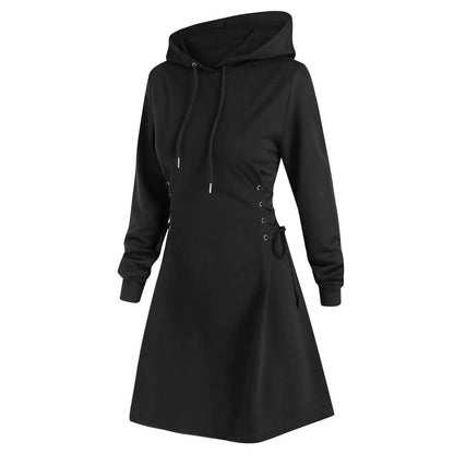 Autumn Women's Hooded Dress Casual Fashion Hoodie Dresses Long Sleeved Side Lace Up Slim Fit Short Dress Solid Color Dress