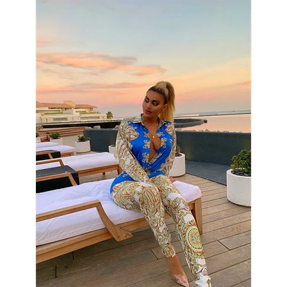 2024 New Elegant Fashion Two-piece Chic Vintage Printed Long-sleeved Shirt Slim Small Foot Trousers Women Tops+Pants 2-piece Set