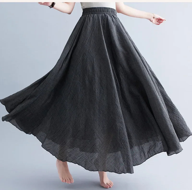 Fashion Solid Cotton Linen Women Skirts Maxi Elegant Harajuku Saia Casual Loose Long Skirt Ladies Clothes Faldas Ropa Mujer