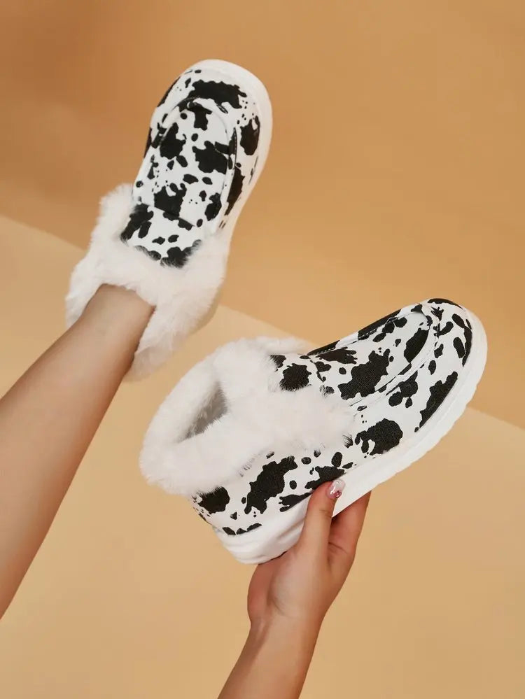 2025 Autumn Winter Women Fluffy Fur Snow Boots Women Leopard Print Flat Flat Heels Thicken Plush Cotton Padded Shoes Woman Warm