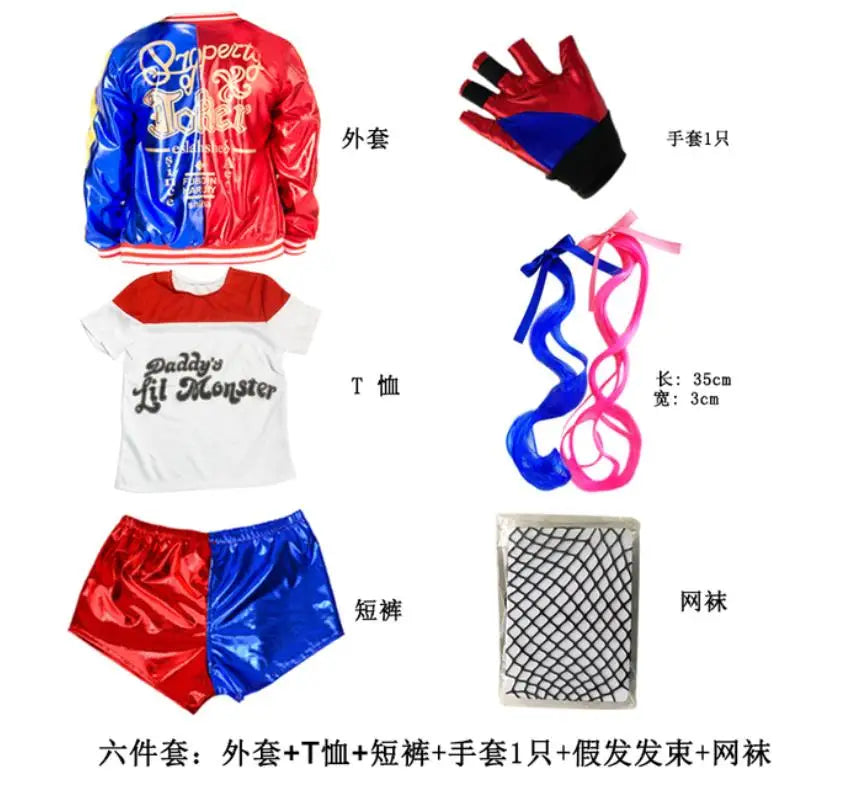 Harley Quinn kids cosplay costume set with jacket, t-shirt, shorts, gloves, and fishnet stocking