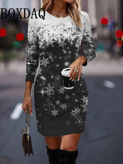 Round Neck Long-Sleeved Women's Party Dress Christmas Tree Snowflake Print A-Line Dress Winter Fashion Casual Loose Mini Dresses