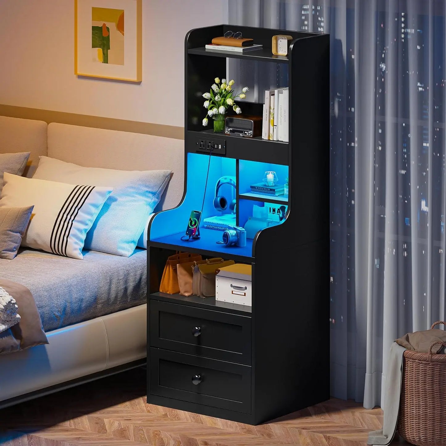 Tall Nightstand with Charging Station and LED Lights White Nightstand with 2 Drawers and Shelves Large LED Nightstand