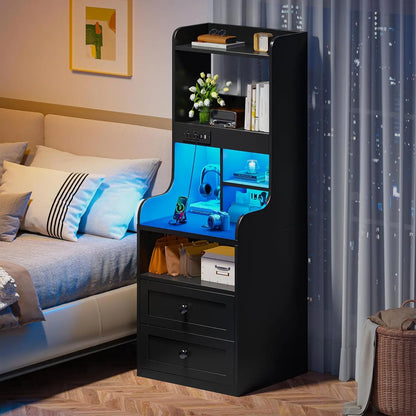 Tall Nightstand with Charging Station and LED Lights White Nightstand with 2 Drawers and Shelves Large LED Nightstand