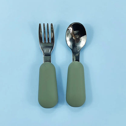 EtherealBe stainless steel baby utensils set with soft green handles for easy grip