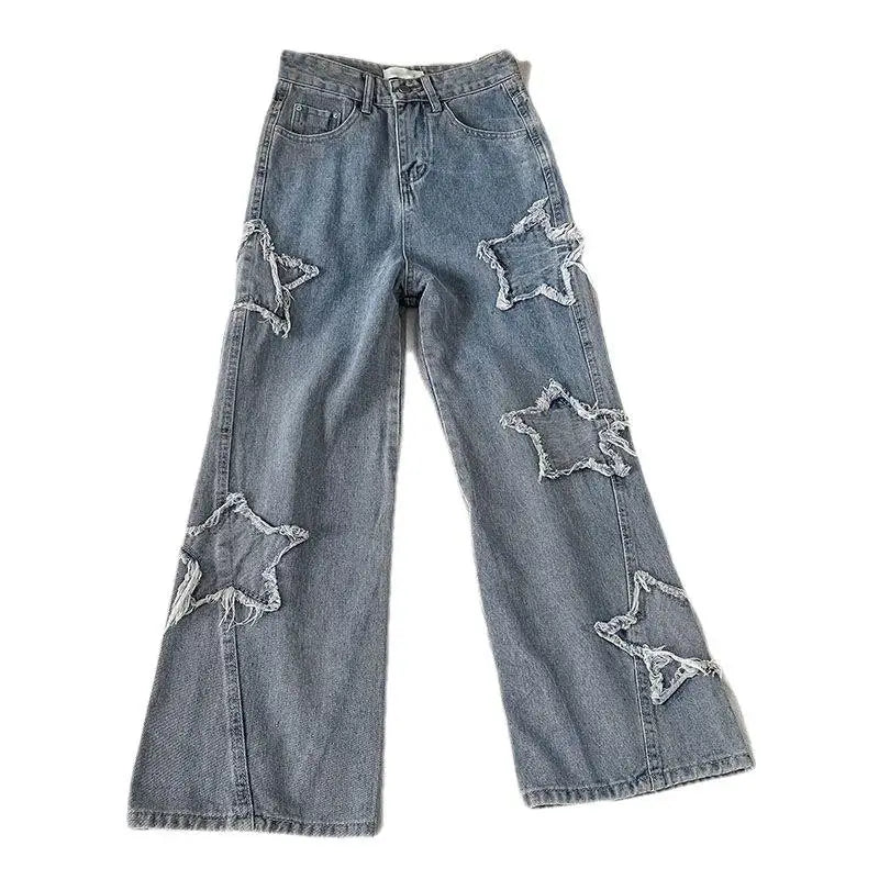 1pcs Streetwear Blue Stars Korean Fashion Denim Y2k Vintage Clothes Women Straight Leg High Waist Jeans