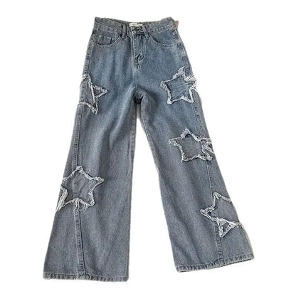 1pcs Streetwear Blue Stars Korean Fashion Denim Y2k Vintage Clothes Women Straight Leg High Waist Jeans