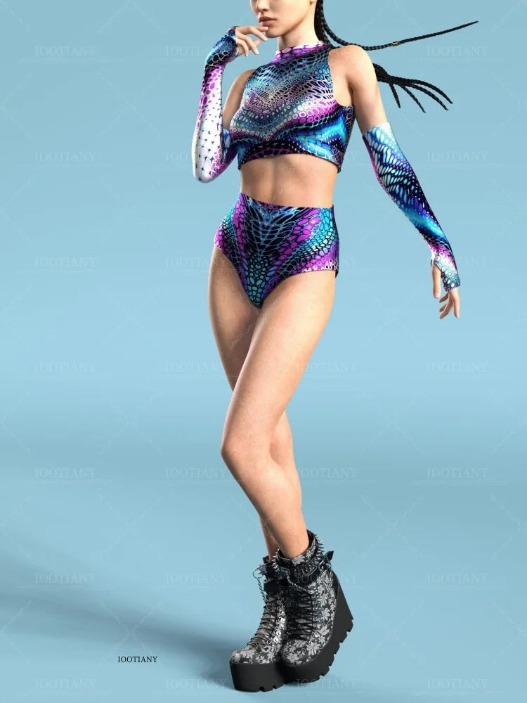 Adult Sleeveless Multicolor Role Play Bodysuit Swimsuit Women Sexy Hollow Off Shoulder Graffiti Art Bodycon Performance Costume