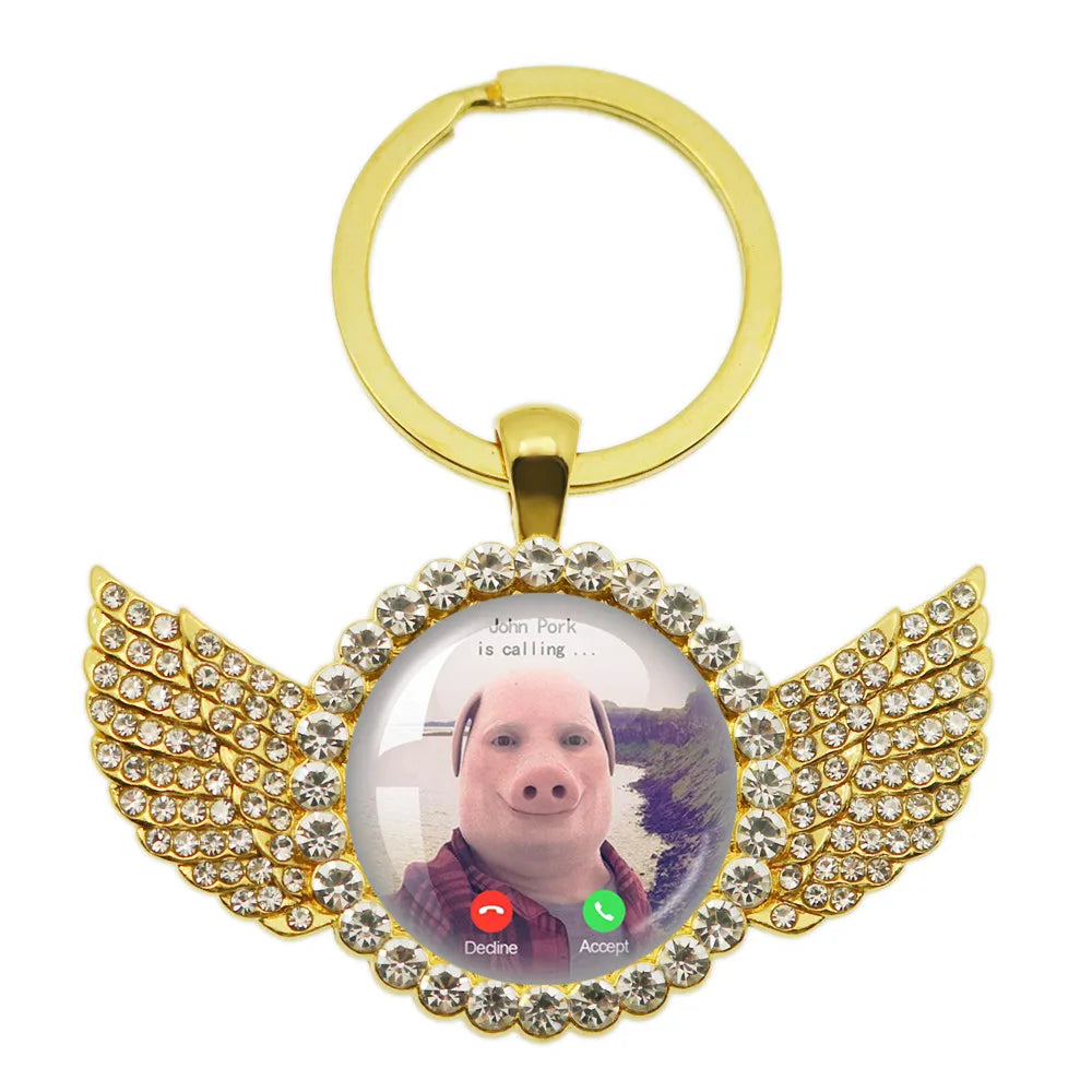 New John Pork Is Calling Answer Call Phone Humor Funny Pig Lover Graphic Meme Glass Dome Pendant Cabochon Keychain Jewelry Gifts