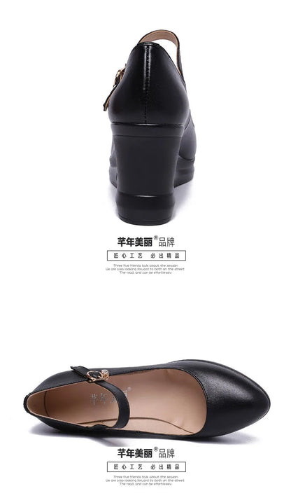 high quality leather shoe for women 7cm wedge high heel platform round toe 32 33 42 43 elegant and fashion shoe white red black