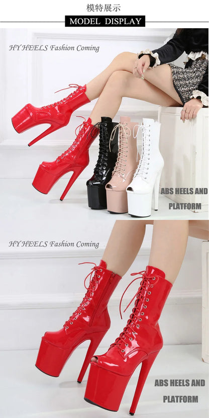 2025 New Pink Peep Toe 20cm/8Inch High Stripper Pole Dancing Women's Shoes Women Sexy Fetish Stiletto Heels Lace Up Short Boots