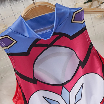 kawaii cartoon bodysuit costume for women vibrant blue collar sleeveless red heart chest print cosplay outfit