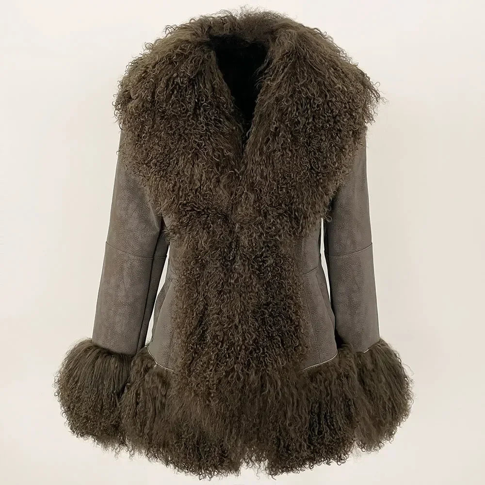 Autumn Winter Women Coat Real Natural Mongolia Sheep Fur Turn-down Collar New Fashion Jacket Thick Warm Casual Overwear