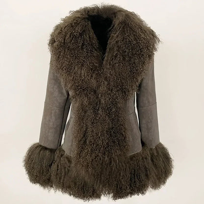 Autumn Winter Women Coat Real Natural Mongolia Sheep Fur Turn-down Collar New Fashion Jacket Thick Warm Casual Overwear