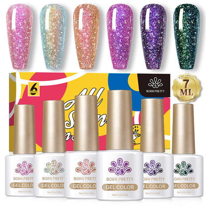 BORN PRETTY 7ml Glitter Gel Nail Polish Set Sparkly Shiny Gold Silver Pink Glitter Gel Polish Kit Winter Christmas Gift Box