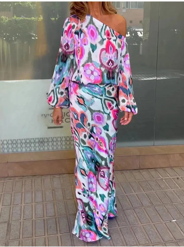 Autumn Casual Loose Print Two-piece Women Off Shoulder T-shirt Asymmetrical Long Sleeved Top And Half Body Fishtail Skirt Set