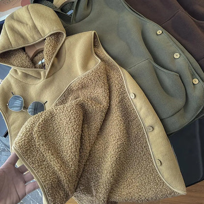 Lady Thermal Vest Women Side Button Closure Fleece Hooded Vest Solid Color Front Pocket Casual Top For Fall Winter