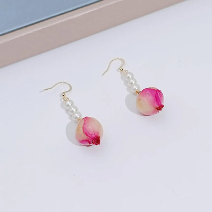 Unique Immortal Flower Earrings Elegant Natural Flower Pearl Drop Earrings Statement Jewelry Epoxy Resin Real Rose Earring 2024