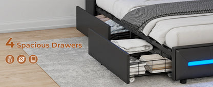 King Size Bed Frame w 4 Storage Drawers,Charging Station and LED Lights,Upholstered Bed Frame w Button Tufted Wingback Headboard